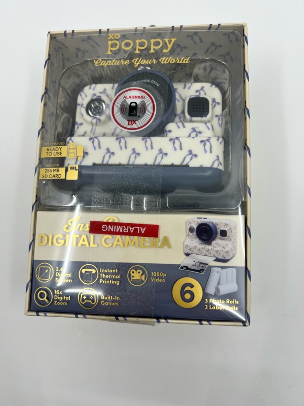 NIB XO Poppy White Digital insta-print Camera with Blue ribbon Accents